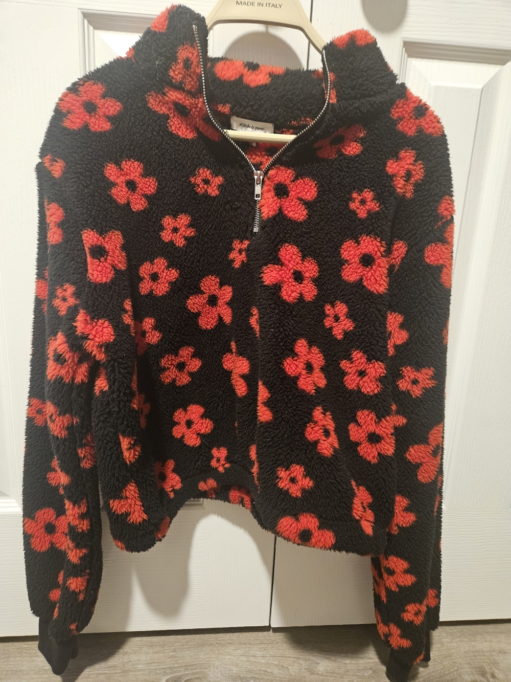 **Black & Red Floral Sherpa Half-Zip Jacket